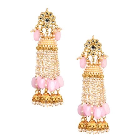 Mirror Floral Tassel Earrings with Pink Beads & Pearls Pair